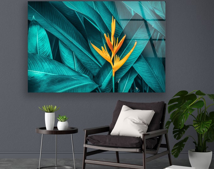 Tempered Glass Printing Wall Art-Oversized Wall Decor-ation For Living Room-Wall Hanging-Vivid Green Leaf Flower Wall Art