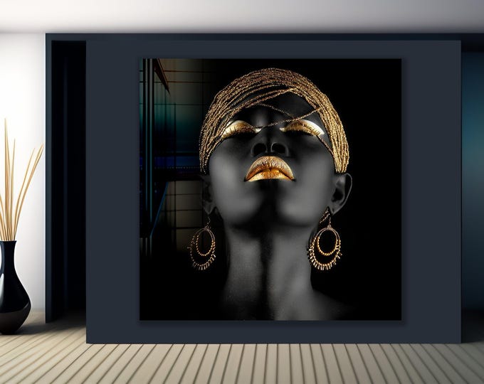 Luxury African Woman Tempered Glass Wall Art – Black Gold Modern Portrait Panel For Glam Home Decor, Statement Living Room Gift Piece
