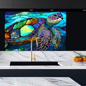 Sea Turtle Glass Backsplash Panel – Stained Ocean Tile for Kitchen – Colorful Tempered Glass Wall Art for Coastal and Marine Interiors