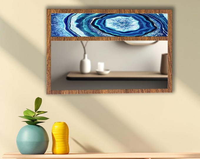 Blue Agate Tempered Glass Wall Mirror | Geode Stone Design Mirror | Decorative MDF Frame | Modern Entryway & Bathroom Wall Decor