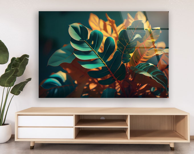 Tempered Glass Printing Wall Art-Abstract Glass Wall Art-Mega Size Glass Wall Decor-Office Wall Decor-Palm Leaf Wall Art-Leaves Wall Art
