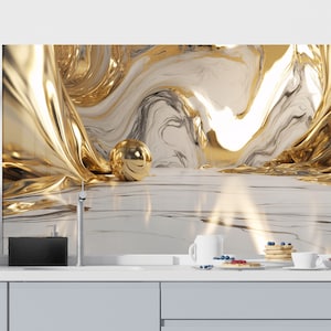 Tempered Glass Kitchen Splashback: Modern Gold Marble Cooker Panel