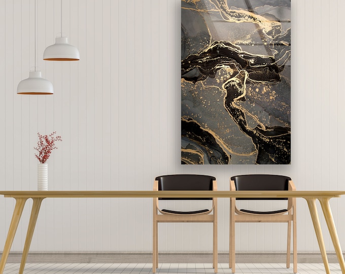 Abstract Glass Wall Art-Mega Size Glass Wall Decor-Tempered Glass Wall Art-Alcohol Ink Texture Gold and Black color Abstract Wall Decor