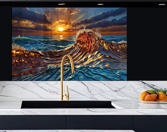 38.5 Wx29.5H Tempered Glass Backsplash-Sunset Waves in Tempered Glass-Ocean Sunset Reflections in Glass-Serene Sunset Waves in Glass