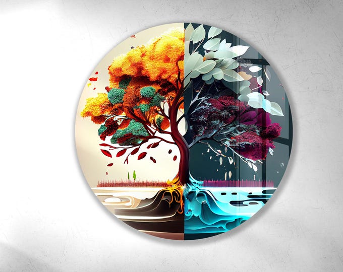 Dual Season Tree Round Tempered Glass Wall Art – Abstract Autumn and Winter Nature Design for Symbolic Home Decor and Meaningful Gift Ideas