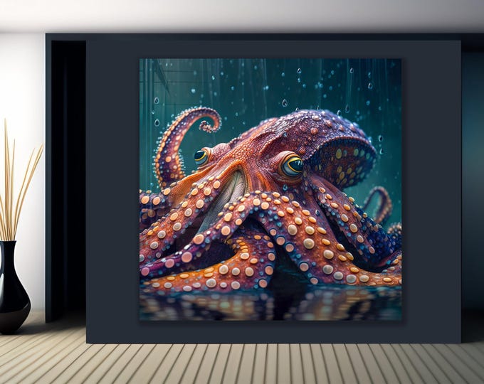 Tempered Glass Octopus Wall Art – Hyper Realistic Deep Sea Creature With Colorful Texture – Bold Marine Print On Glossy Glass Panel