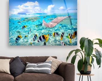 Underwater Turtle & Fish Tempered Glass Wall Art: Mega Size Home Decor