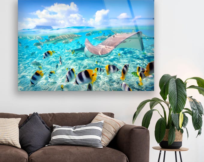Tropical Ocean Tempered Glass Wall Art – Colorful Coral Reef Print with Stingray and Fish for Coastal Decor or Beach House Interiors