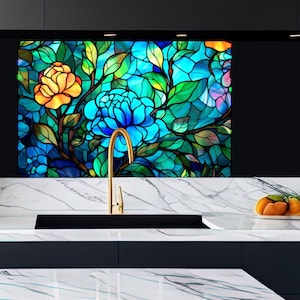 Kitchen Glass Splashback-Tempered Glass Flower Backsplash Tile Kitchen Backsplash Tiles-Cooker Panel Waterproof-Stained Floral Splashback