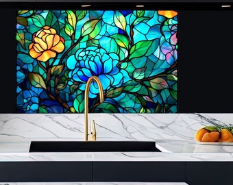 Floral Tempered Glass Kitchen Splashback: Stained Flower Cooker Panel