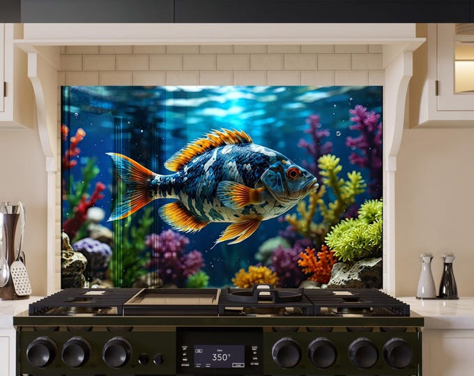 Tempered Glass Octopus Backsplash Tile Turtle Splashback for Stove Back Cover-Kitchen Fish Backsplash Tile- Stove Aquarium Backsplash