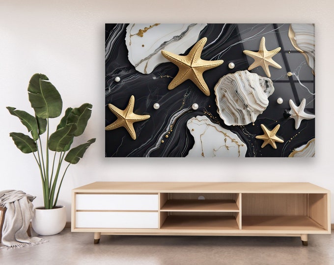 Tempered Glass Wall Art Black Abstract Wall Decor-Home Decor-Glass Printing art-Star Fish Wall Art Gifts-Gold Marble Wall Art