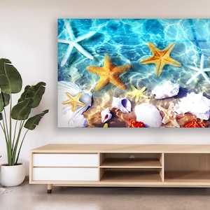 Coastal Glass Wall Art with Starfish and Seashells - Underwater Beach Scene for Summer Home Decor - Ocean Inspired Sea Life Panel
