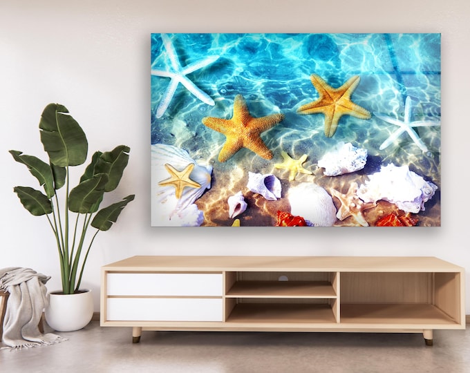 Coastal Glass Wall Art with Starfish and Seashells - Underwater Beach Scene for Summer Home Decor - Ocean Inspired Sea Life Panel