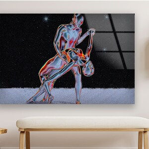 Futuristic Couple Abstract Wall Art – 4mm Tempered Glass UV Printed Metallic Design – Modern Love-Inspired Home Decor Panel image 2
