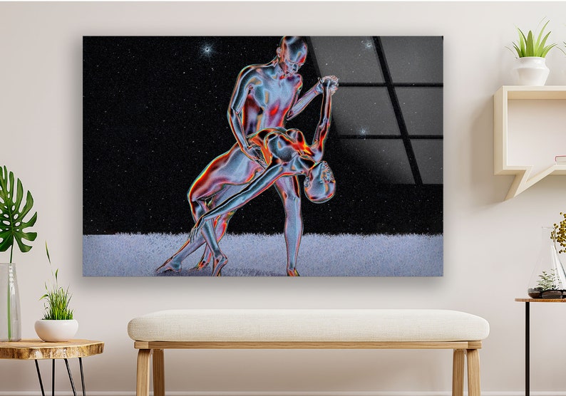 Futuristic Couple Abstract Wall Art – 4mm Tempered Glass UV Printed Metallic Design – Modern Love-Inspired Home Decor Panel image 2