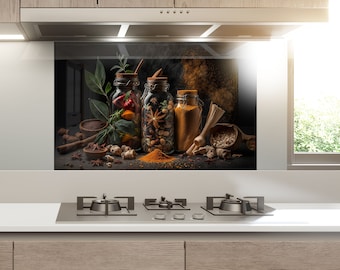 Tempered Glass Herbs Backsplash Design-Cooker Wall Backsplash Panel-Glass Splashback For Kitchen Panel Design-Red Pepper Spices Splashback
