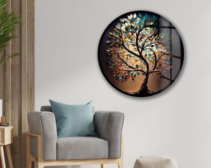 Boho Tree of Life Glass Wall Art – Autumn Colored Tempered Panel for Mindful Spaces | Nature Inspired Spiritual Decor, Rooted Energy Symbol