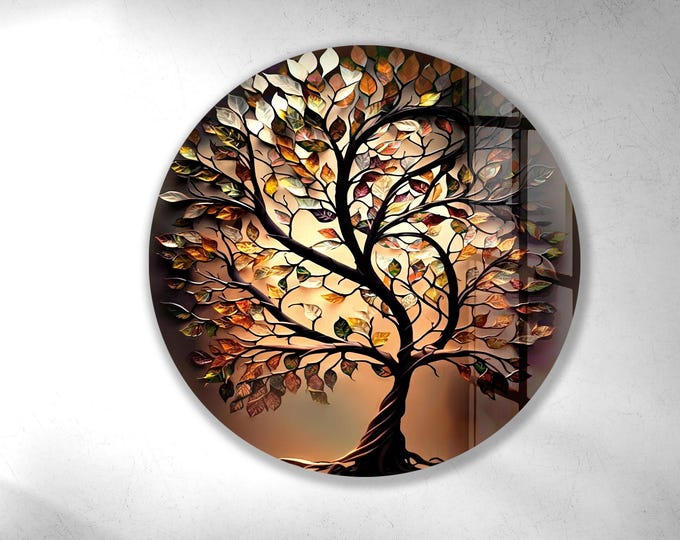 Tempered Glass Tree of Life Wall Panel – Vibrant Roots and Leaves in Stained Glass Style | Yoga Room, Nature Decor, Grounding Gift Idea