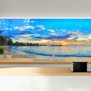 Beach Sunset Glass Backsplash Panel – Coastal Kitchen Wall Art, Ocean View Tempered Tile, Waterproof Tropical Home Decor Accent