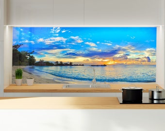 Tempered Glass Kitchen Splashback: Waterproof Cooker Panel, Beach View