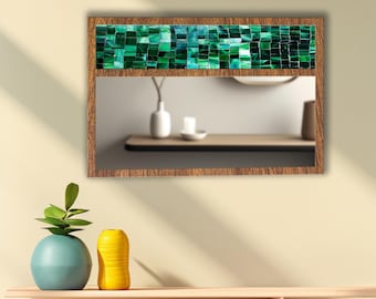 Emerald Green Mosaic Tempered Glass Wall Mirror | Jade Stone Tile Design | Decorative MDF Frame | Modern Bathroom & Entryway Decor