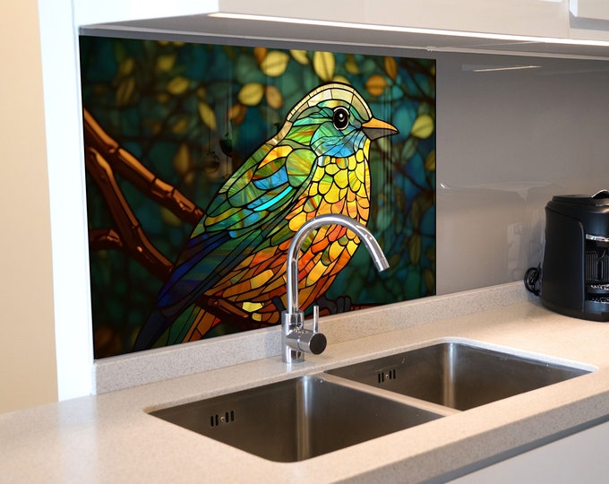 Kitchen Glass Splashback-Tempered Glass Flower Backsplash Tile Kitchen Backsplash Tiles-Cooker Panel Waterproof-Stained Bird Splashback