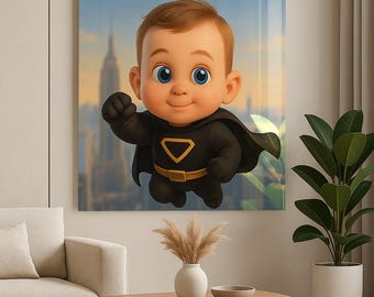 Cartoon Portrait on Glass Panel, Custom Artwork Gift for Birthday, Baby Room, Couple Wall Art, Frameless Tempered Glass Print