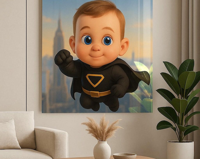 Cartoon Portrait on Glass Panel, Custom Artwork Gift for Birthday, Baby Room, Couple Wall Art, Frameless Tempered Glass Print