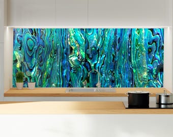 Aqua Blue Abstract Glass Backsplash Panel – Ocean-Inspired Kitchen Wall Art – Glossy Heatproof Waterproof Tempered Glass Tile Decor