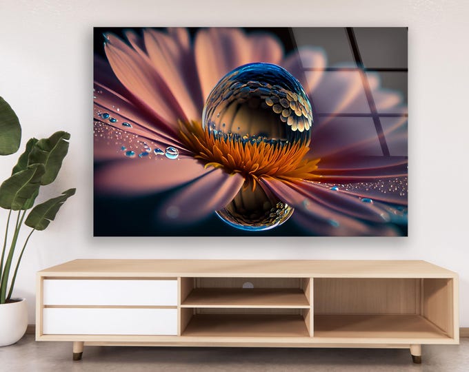 Tempered Glass Macro Flower Art – Romantic Pink Petal Close-Up With Water Drop – Elegant Nature Photography On Polished Glass Panel