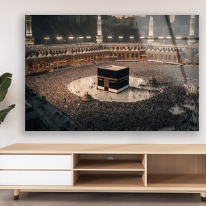 Islamic Tempered Glass Wall Art – Kaaba Mecca Sacred Mosque Panel | Spiritual Muslim Home Decor, Hajj Umrah Gift, Elegant Wall Hanging