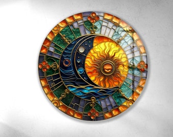 Stained Glass Style Tempered Glass Wall Art: Sun & Moon Decor