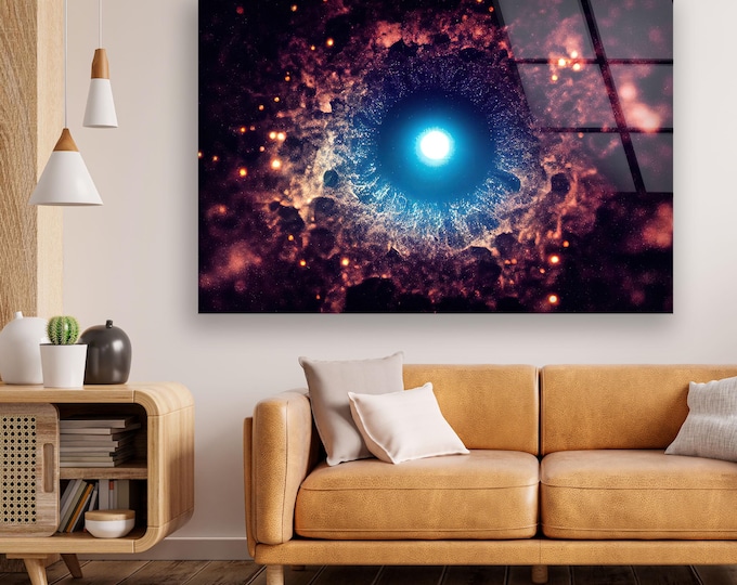 Galactic Eye Nebula Glass Wall Art - Mystical Cosmic Vortex with Bright Core - Sci Fi Space Panel for Spiritual or Gamer Room Decor