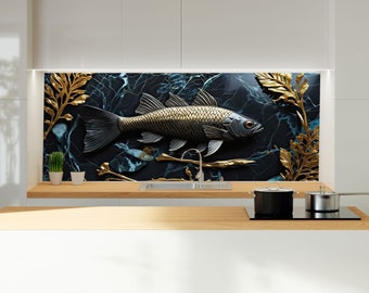Tempered Glass Kitchen Backsplash Tile: Turquoise Fish Design