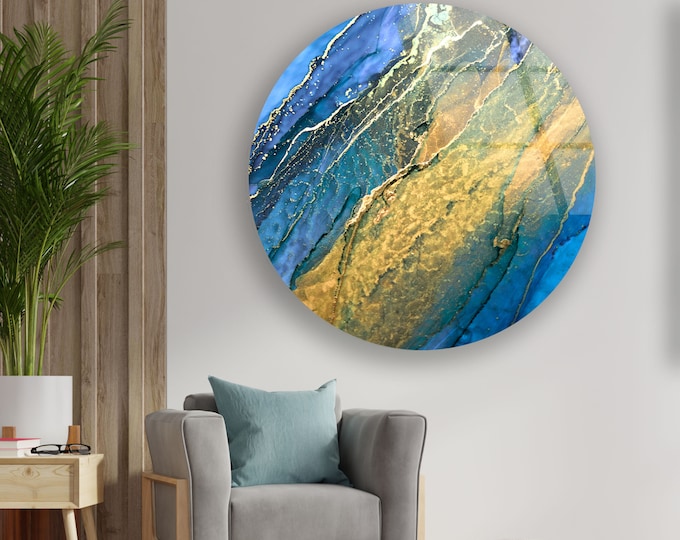 Tempered Glass Wall Art-Golden Abstract Wall Art-Mega Size Glass Wall Decor-Wall Hanging-Office Wall Decor-Blue Gold Marble Wall Art