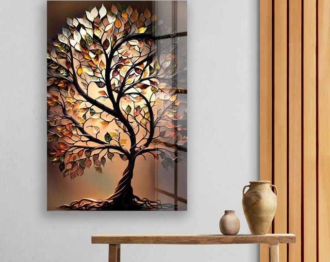 Tree of Life Tempered Glass Wall Art – Nature-Inspired Glossy 4mm UV Printed Abstract Design for Modern Homes