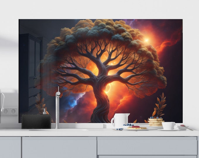 Tempered Glass Backsplash-Life of Tree Backsplash Tiles-Metal Backsplash for Golden Splashback for Stove Back Cover-Backsplash Behind Stove