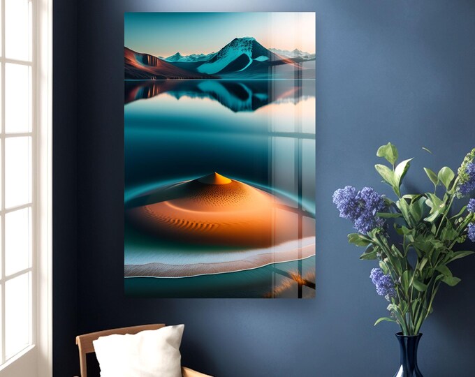 Glass Mountain Desert Wall Art – Serene Sand Dune Reflection Print with Snow Peaks, Tranquil Landscape Panel for Zen, Nature or Modern Homes