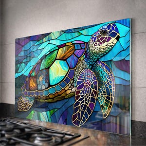 Panel de vidrio para salpicadero con diseño de tortuga marina: Arte de pared para cocina costera