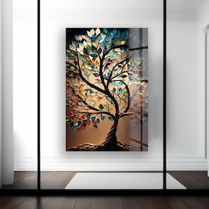 Colorful Tree of Life Wall Art – Tempered Glass Modern Spiritual Nature Decor with Vibrant Leaves for Boho Homes and Meaningful Gifting