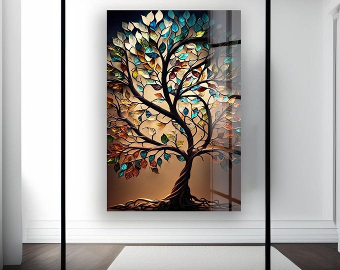 Colorful Tree of Life Wall Art – Tempered Glass Modern Spiritual Nature Decor with Vibrant Leaves for Boho Homes and Meaningful Gifting