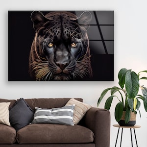 Black Panther Tempered Glass Wall Art – Luxury Animal Portrait Print With Intense Gaze – Masculine Jungle Decor On Glossy Glass Panel