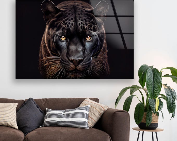 Black Panther Tempered Glass Wall Art – Luxury Animal Portrait Print With Intense Gaze – Masculine Jungle Decor On Glossy Glass Panel
