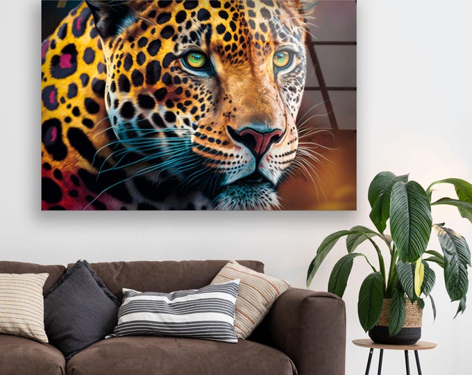 Leopard Glass Wall Art – Vibrant Jungle Cat Print with Fierce Gaze, Bold Safari Animal Decor, Wild Strength Home Accent for Exotic Interiors