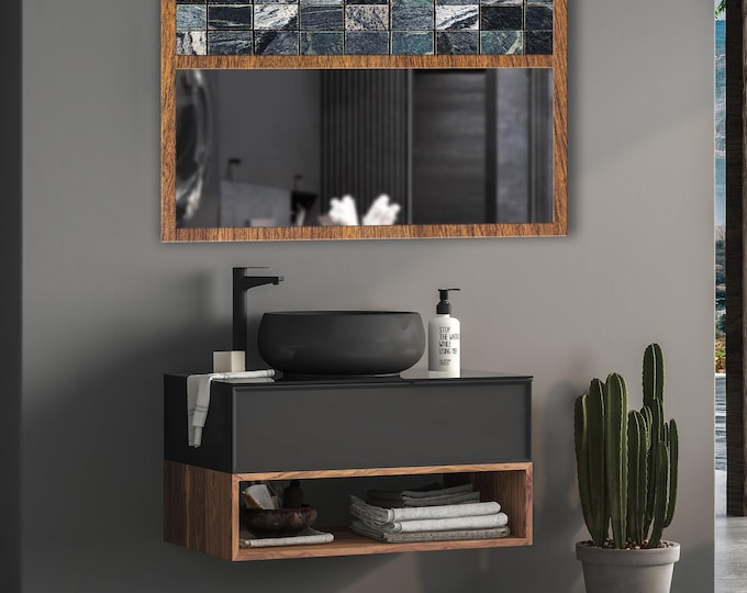 Black Marble Tile Tempered Glass Wall Mirror | Decorative MDF Frame | Modern Bathroom & Entryway Wall Decor | Ready to Hang