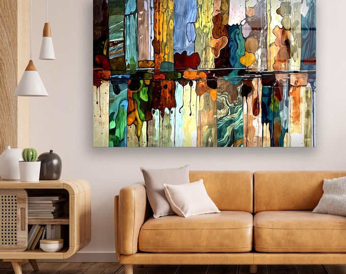 Colorful Abstract Tempered Glass Wall Art – Modern Stained Pattern Drip Design – Glossy UV Printed Contemporary Glass Panel