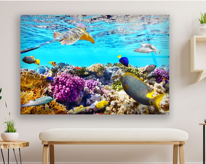 Tempered Glass Framed Wall Art--Wall Decor-Glass Printing-Glass Wall Art-Undersea Wall Art-Ocean Fish Wall Art-Aquarium Wall Art