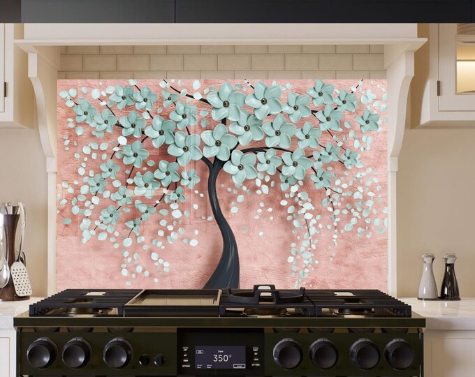 Tempered Glass Backsplash Tiles-Gold Tree Backsplash for Bathroom Splashback Stove Back Cover-Sink Splashback Tile-White Flower Backsplash