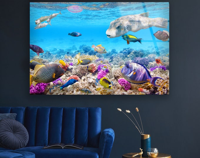 Tempered Glass Framed Wall Art--Wall Decor-Glass Printing-Glass Wall Art-Undersea Wall Art-Ocean Fish Wall Art-Aquarium Wall Art